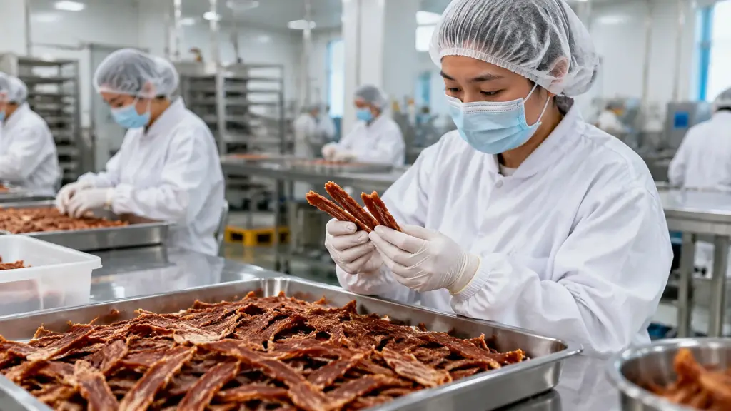 Quality technician inspecting dried duck jerky dog treats under bright light in a pet food factory