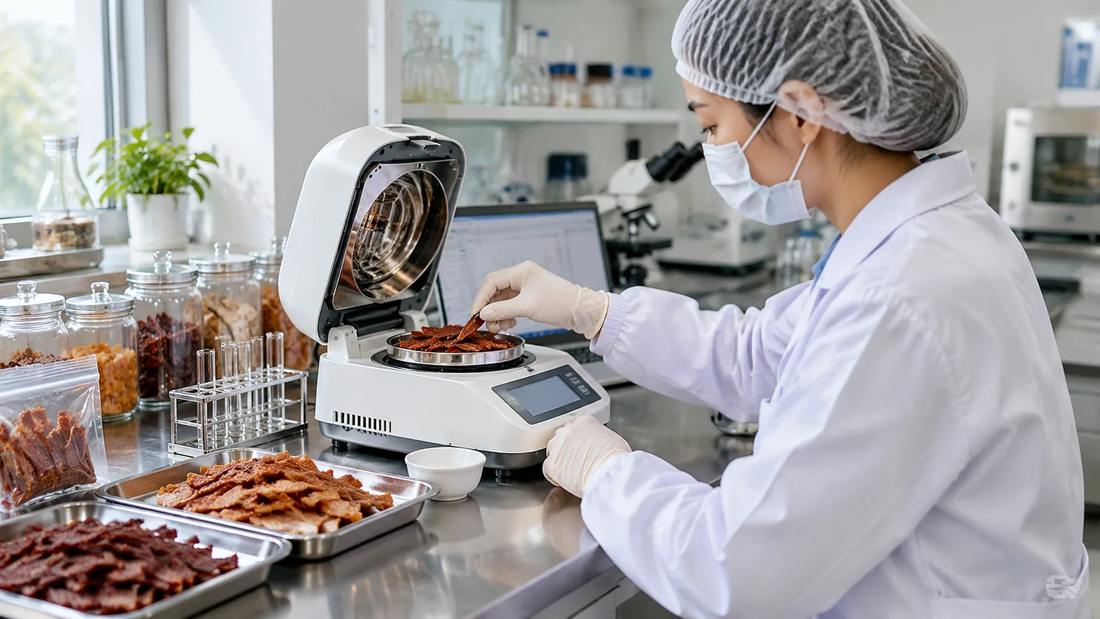 Lab technician in a white coat testing dried meat dog treat samples for moisture in a pet food quality lab