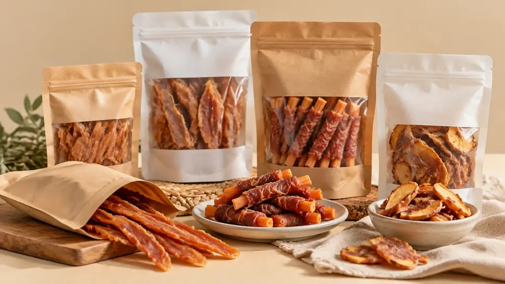 Blank stand-up pouches of dried duck dog treats laid out for label artwork review