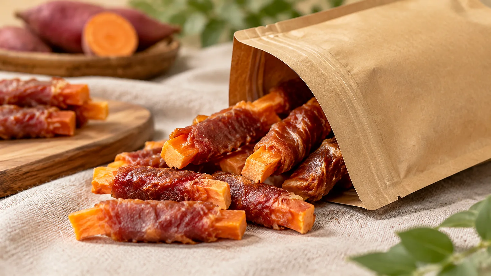 Blank kraft stand-up pouch of dried duck dog treats with treats spilling out on a neutral backdrop