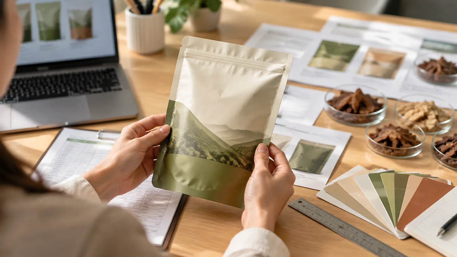Packaging specialist comparing a printed pouch proof with lab test sheets on a desk