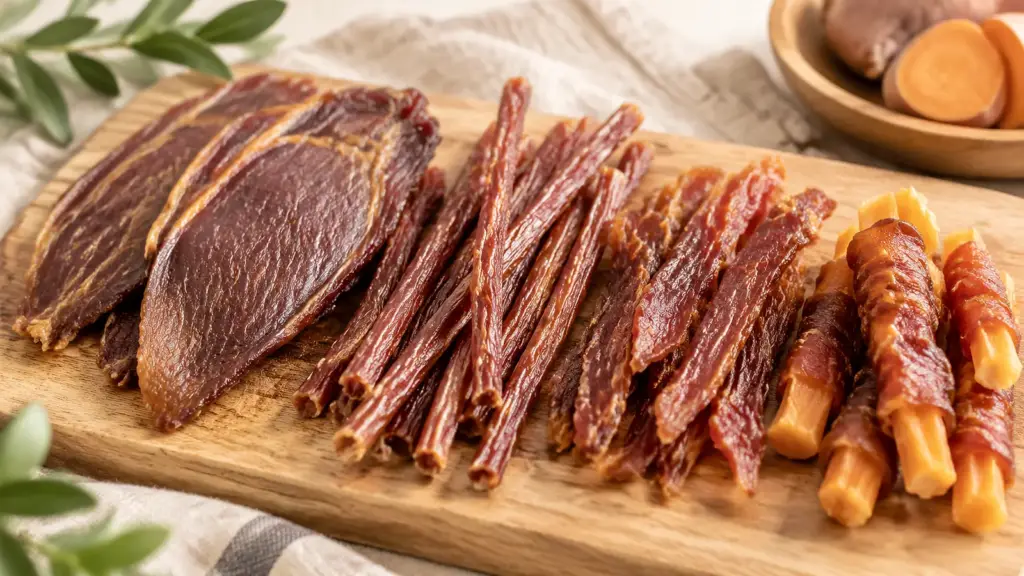 Air-dried duck breast dog treats arranged on a wooden board