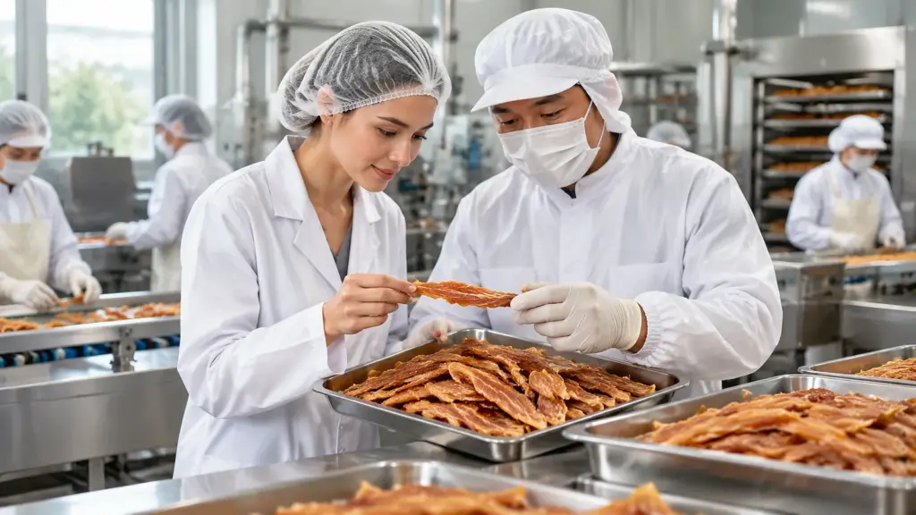 Buyer and QA manager reviewing dried duck dog treats on a production line in a Chinese pet treat factory