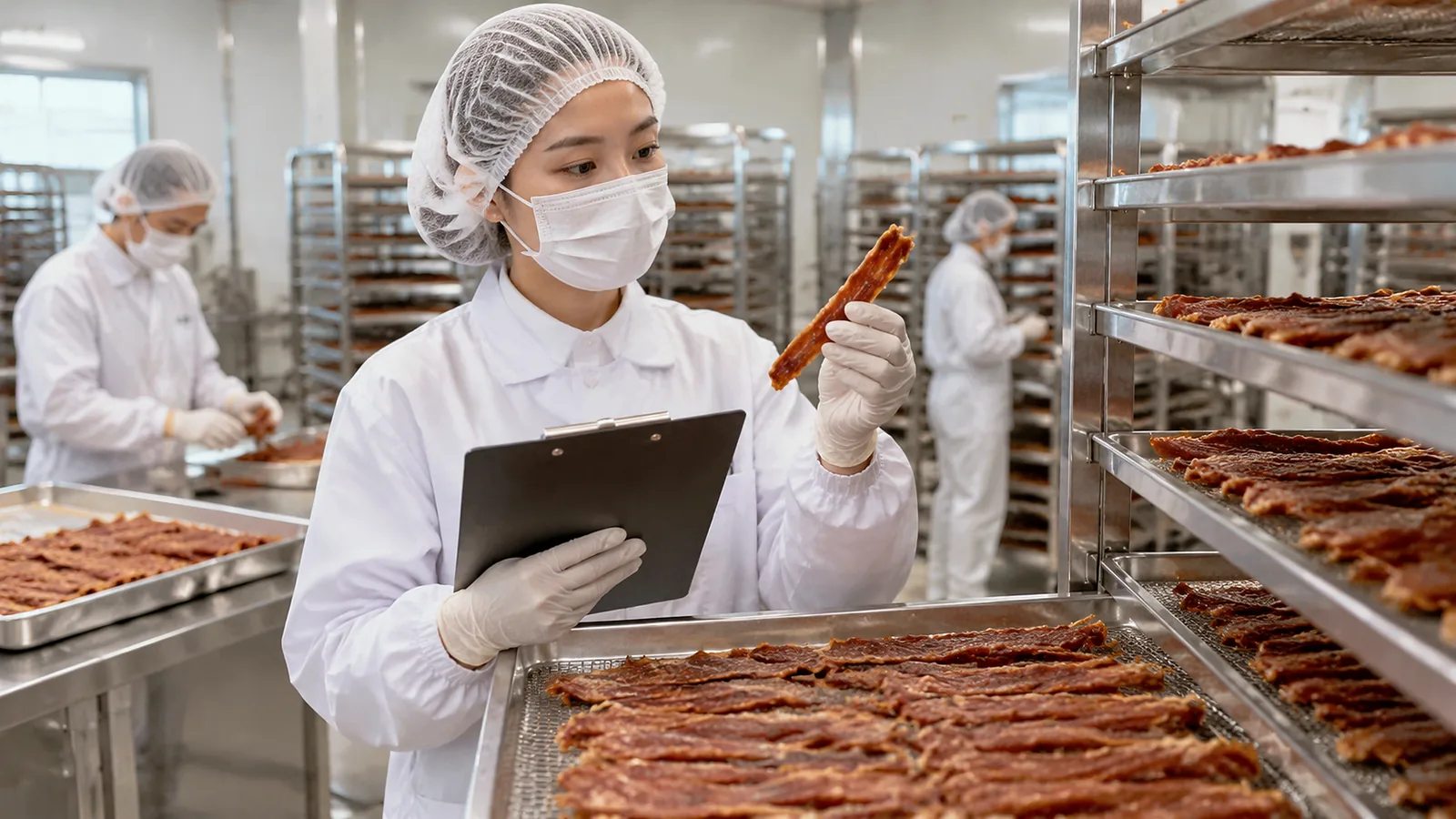 QA inspector in a white hygiene suit checking dried duck treats on drying trays in a Chinese pet treat factory