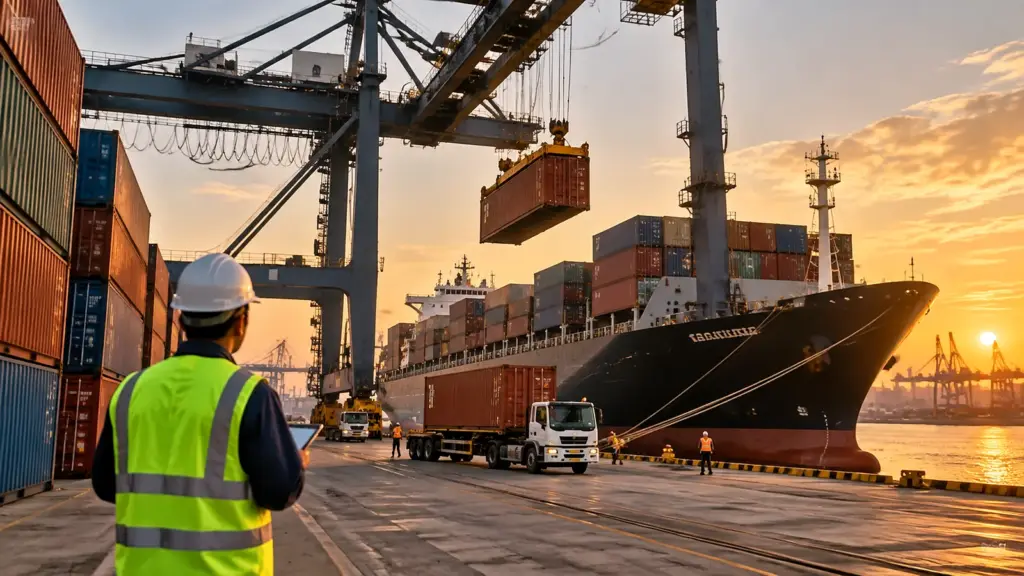 Shipping containers being unloaded at a US container port under a gantry crane
