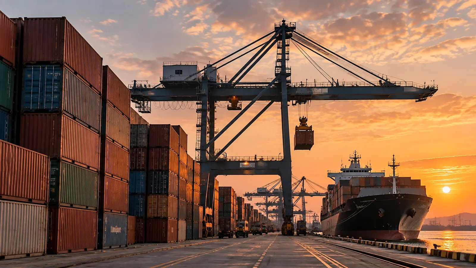 Shipping containers stacked at a container port with a gantry crane at dusk