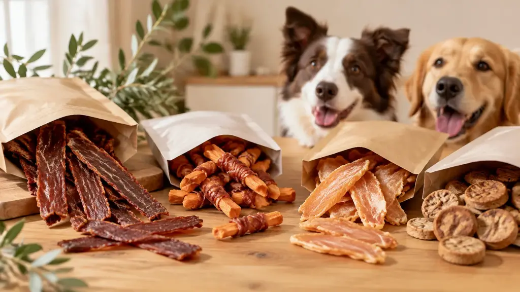 Assorted private label dog treats including duck jerky and wrapped sweet potato sticks in unbranded pouches on a light wooden table