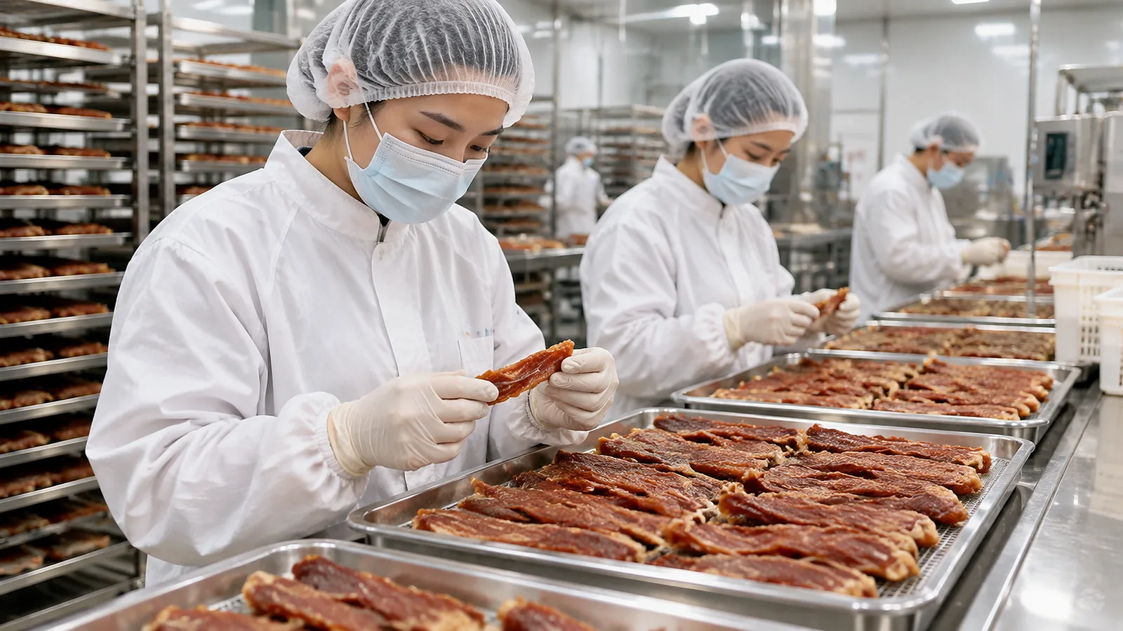 Quality technician checking dried duck dog treats on a stainless steel line in a clean food factory