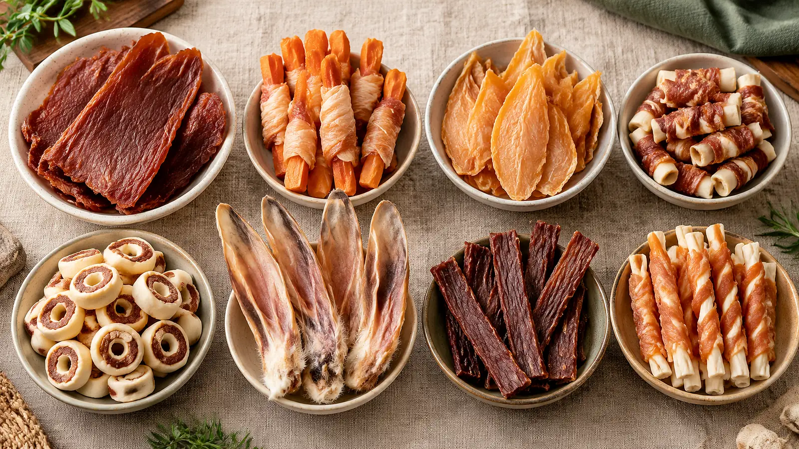 Assortment of private label dog treats including duck jerky, wrapped sweet potato sticks, chicken slices and biscuits in plain pouches