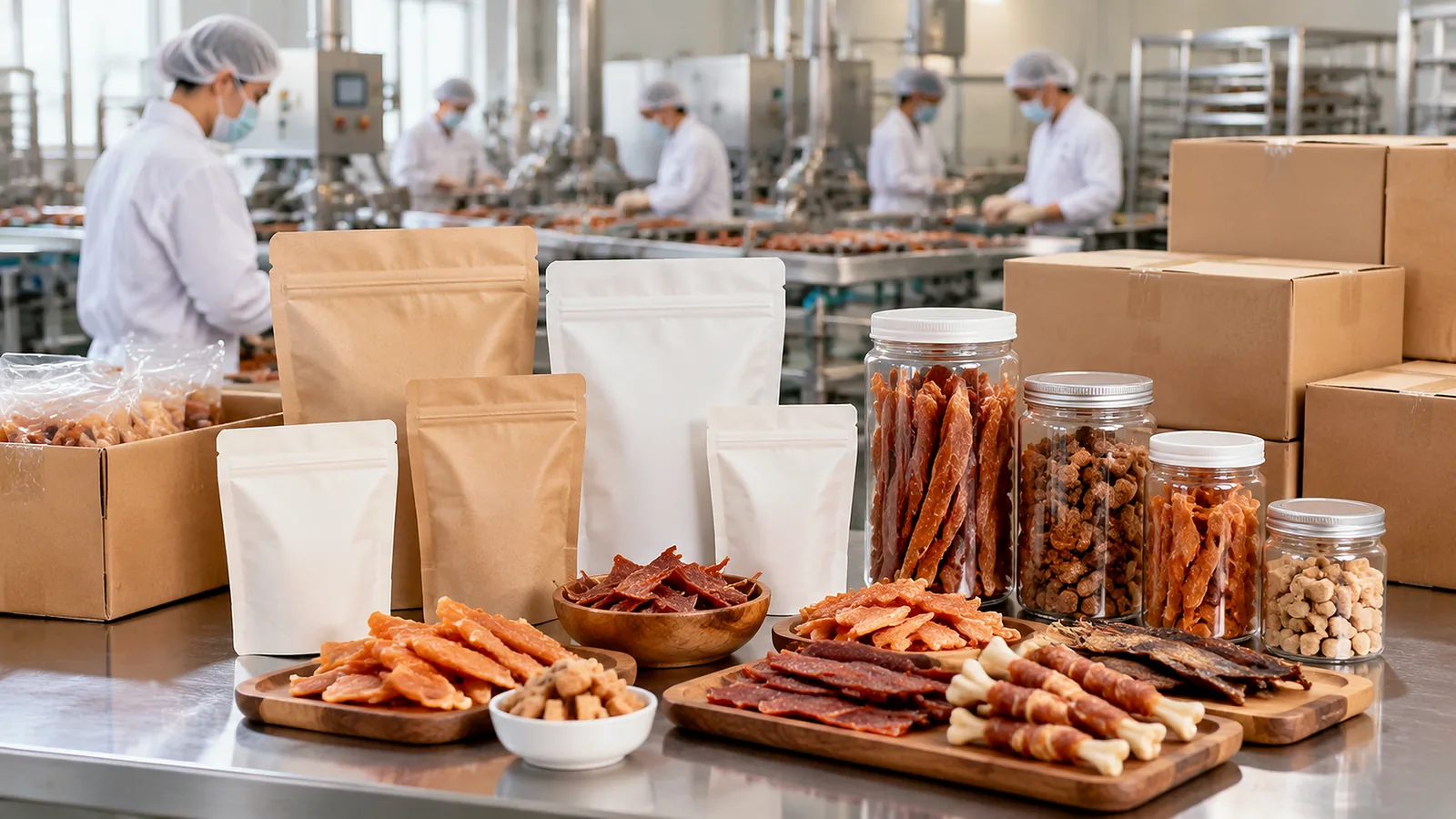 Blank stand-up zipper pouches, PET jars and bulk cartons of dried dog treats arranged on a packing table