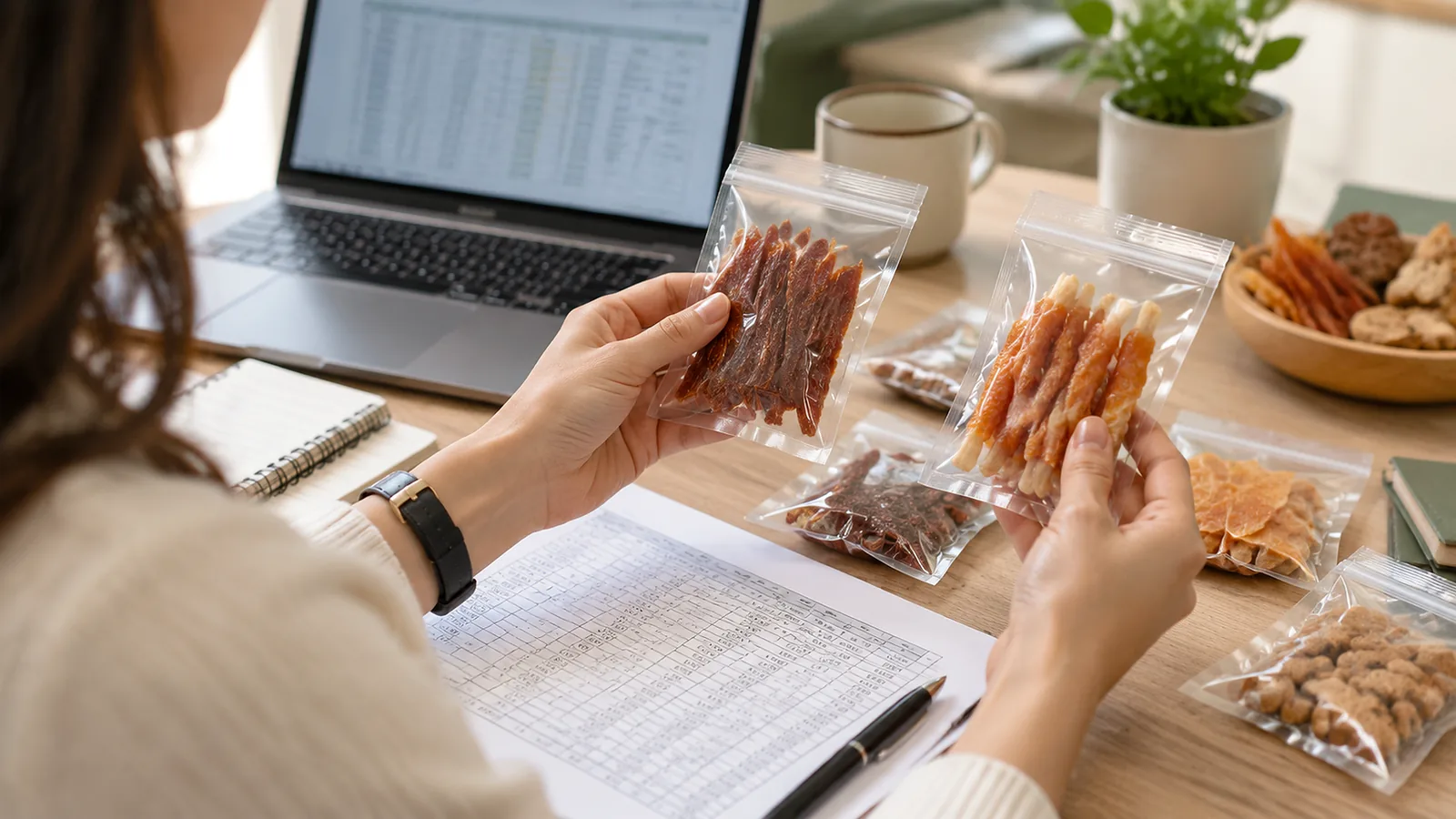 Buyer reviewing dried dog treat samples and a printed spreadsheet at an office desk
