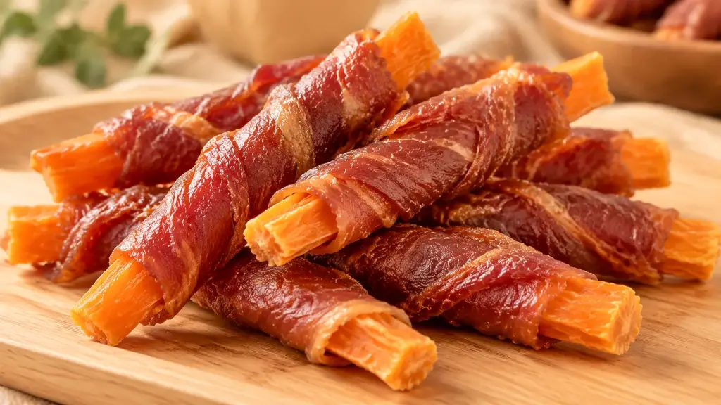 Duck breast wrapped around sweet potato sticks, dried dog treats