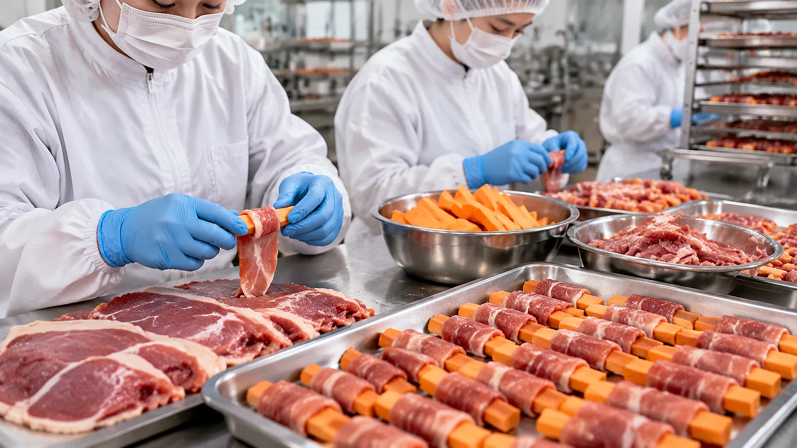 Gloved hands in a clean food factory wrapping thin raw duck breast slices around orange sweet potato sticks on a stainless steel table